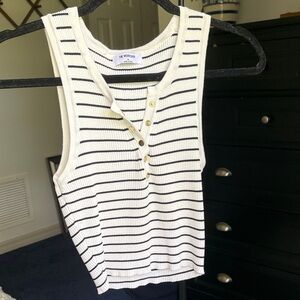 Workshop - Striped Ribbed Henley Tank - Cream with Black Stripes and Gold Snaps